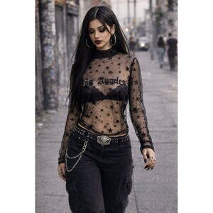 Los Angeles Star Sheer Mesh Top Womens L  Grunge Chola Goth Festival Streetwear